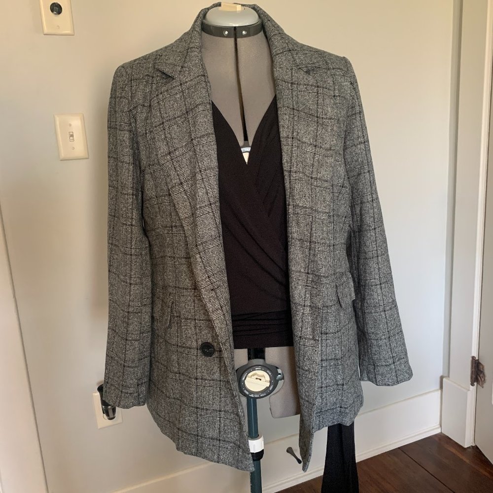 Ebossy Notch Label 2 Button Boyfriend Blazer Suit Houndstooth Plaid Jacket Sz L